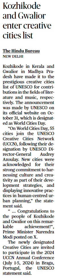Kozhikode and Gwalior enter creative cities list - Page No.12, GS 1
