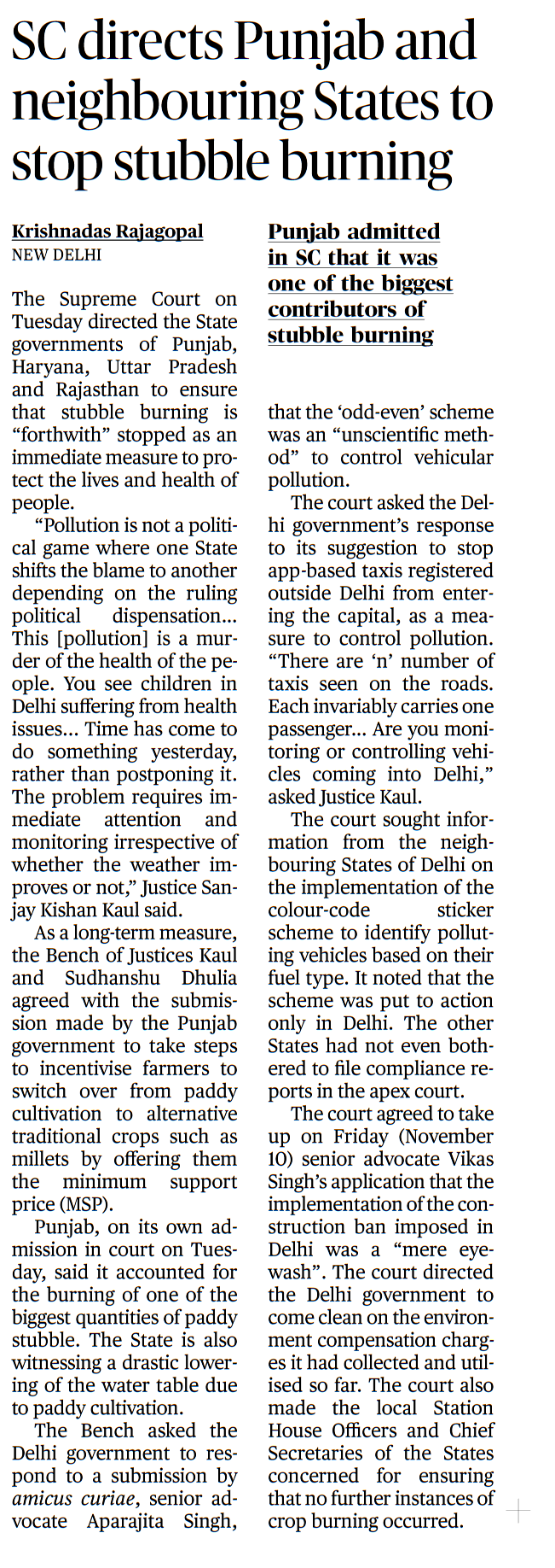SC directs Punjab and neighbouring States to stop stubble burning Page No.14, GS 3