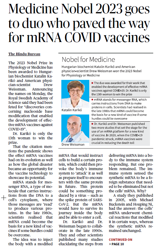 Medicine Nobel 2023 goes
							to duo who paved the way
							for mRNA COVID vaccines