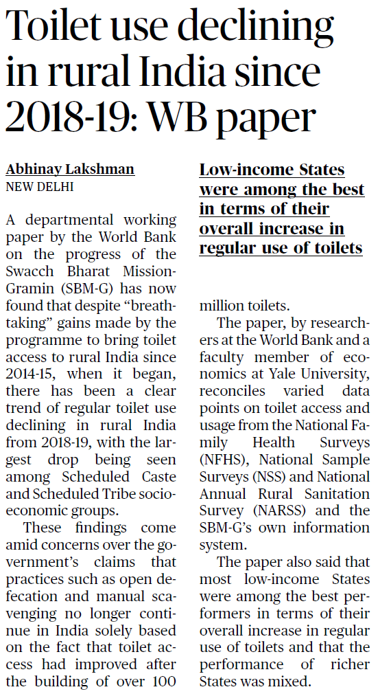 Toilet use declining in rural India since 2018-19