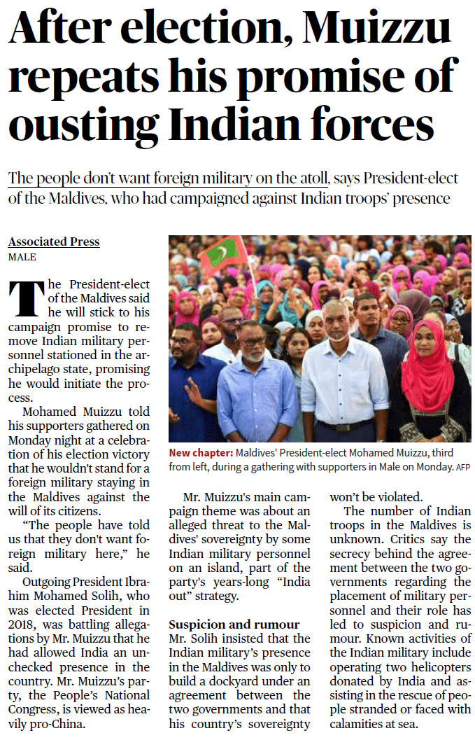 After election, Muizzu repeats his promise of ousting
								Indian forces