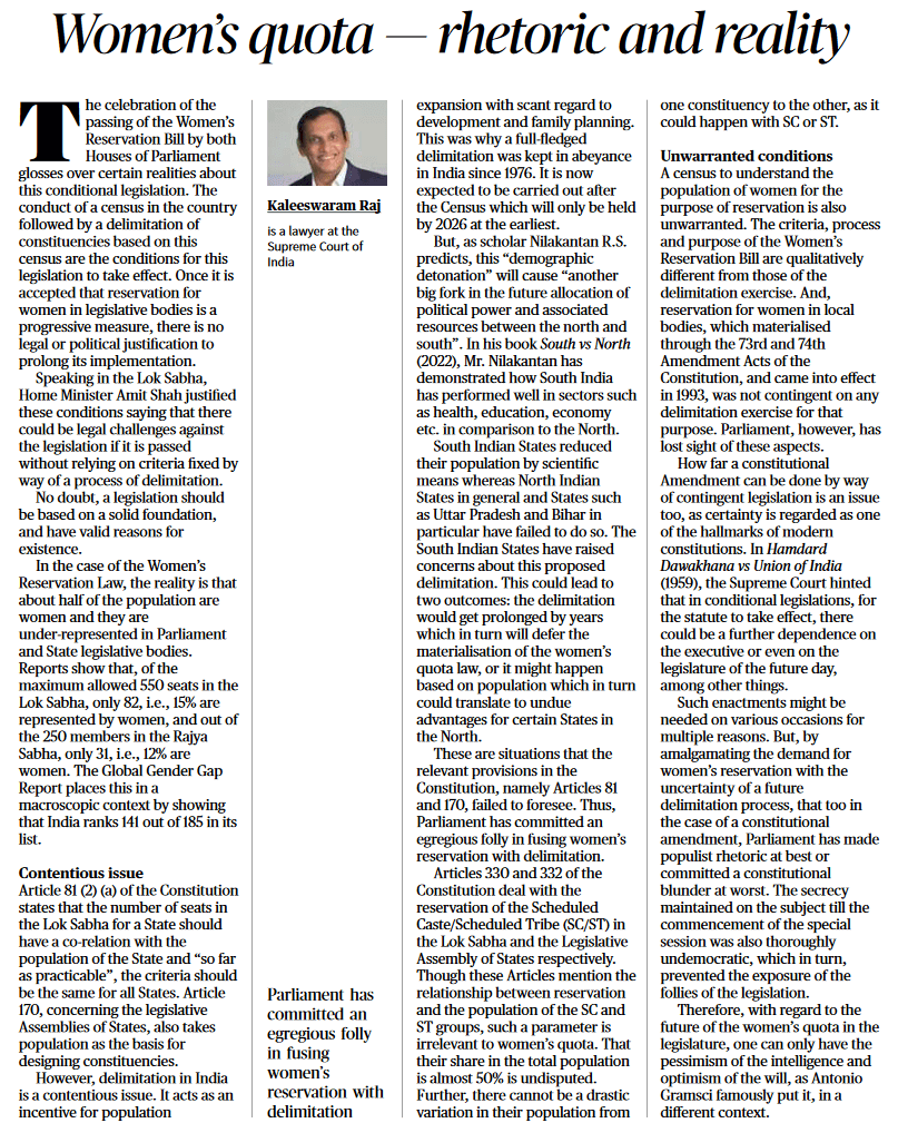 Women's quota - rhetoric and reality - Page No.9, GS 2