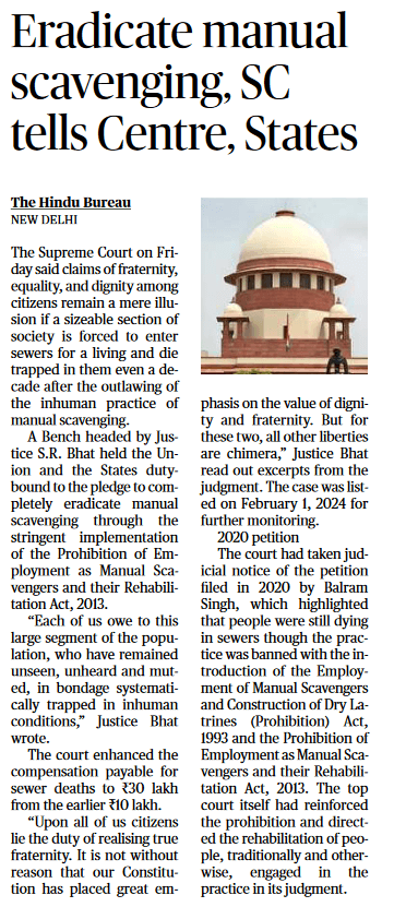 Eradicate manual scavenging, SC tells Centre, States - Page No.4 , GS 2