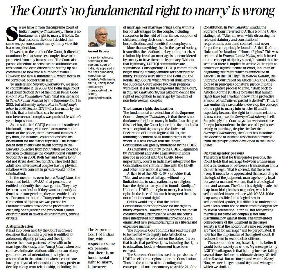 The Court's 'no fundamental right to marry' is wrong - Page No.6, GS 2
