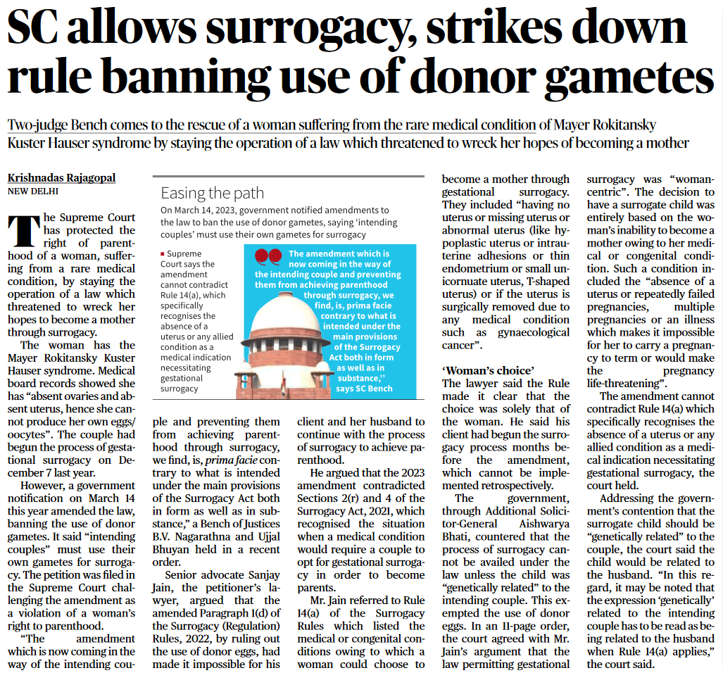SC allows surrogacy - Page No.16, GS 2