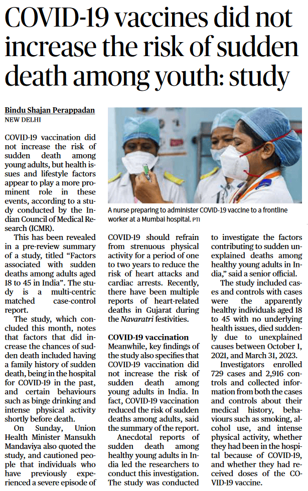 COVID-19 vaccines did not increase the risk of sudden death among youth - Page No. 14, GS 2